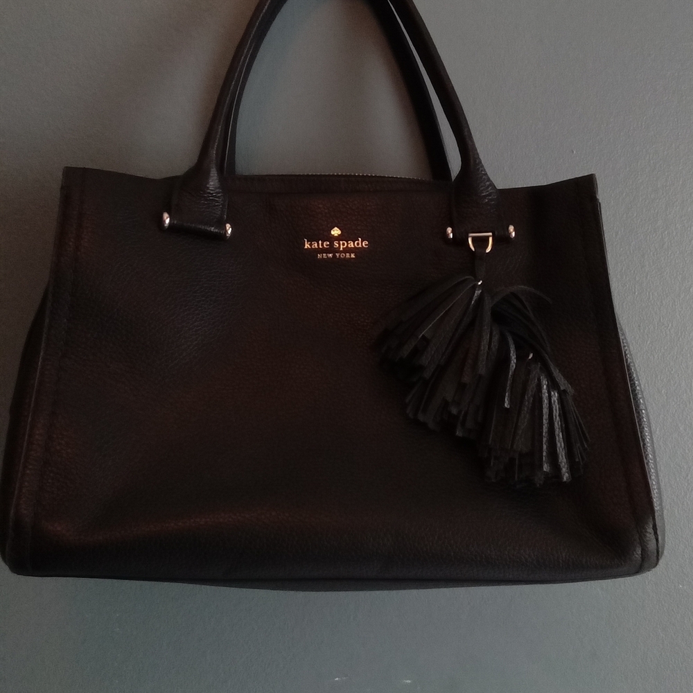 Kate Spade New York Leather Tote Bag Black Gold Hardware Tassel